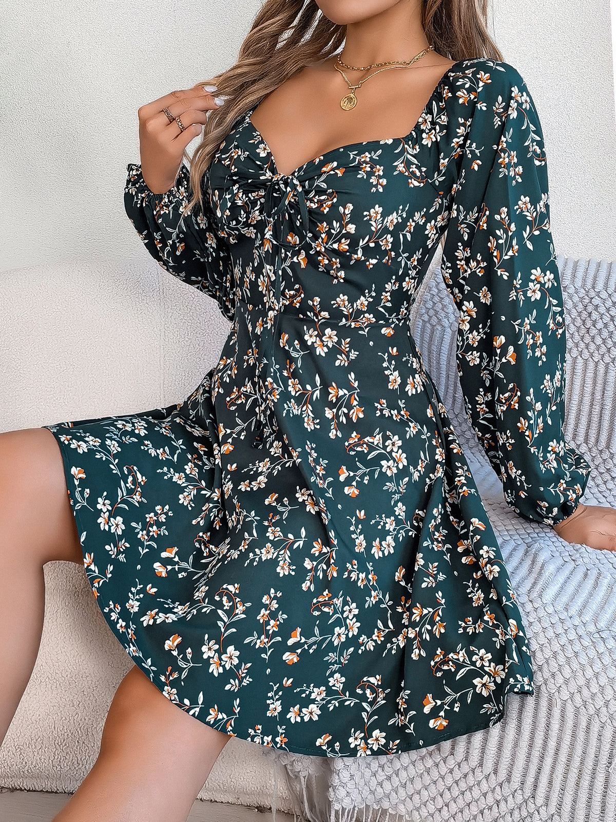 Real Shot of 2026 Spring/Summer European and American Casual Sexy Lace-Up Square-Neck Floral Long-Sleeve A-Line Dress, Independent Cross-Border Women's Fashion