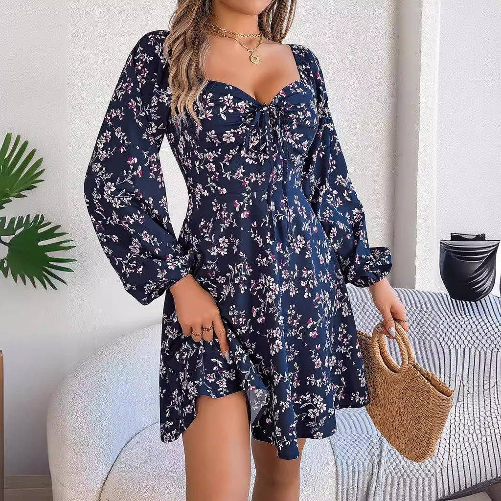 Real Shot of 2026 Spring/Summer European and American Casual Sexy Lace-Up Square-Neck Floral Long-Sleeve A-Line Dress, Independent Cross-Border Women's Fashion