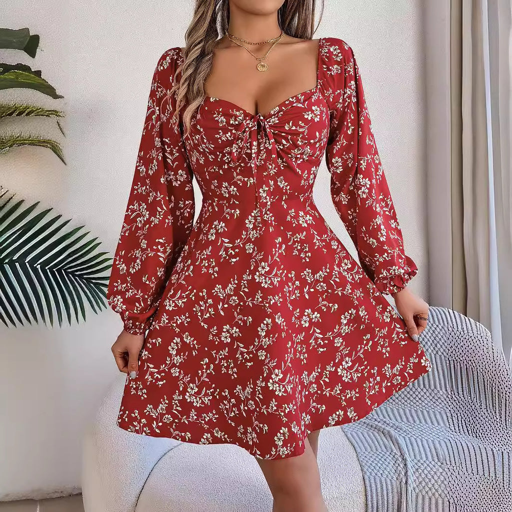 Real Shot of 2026 Spring/Summer European and American Casual Sexy Lace-Up Square-Neck Floral Long-Sleeve A-Line Dress, Independent Cross-Border Women's Fashion
