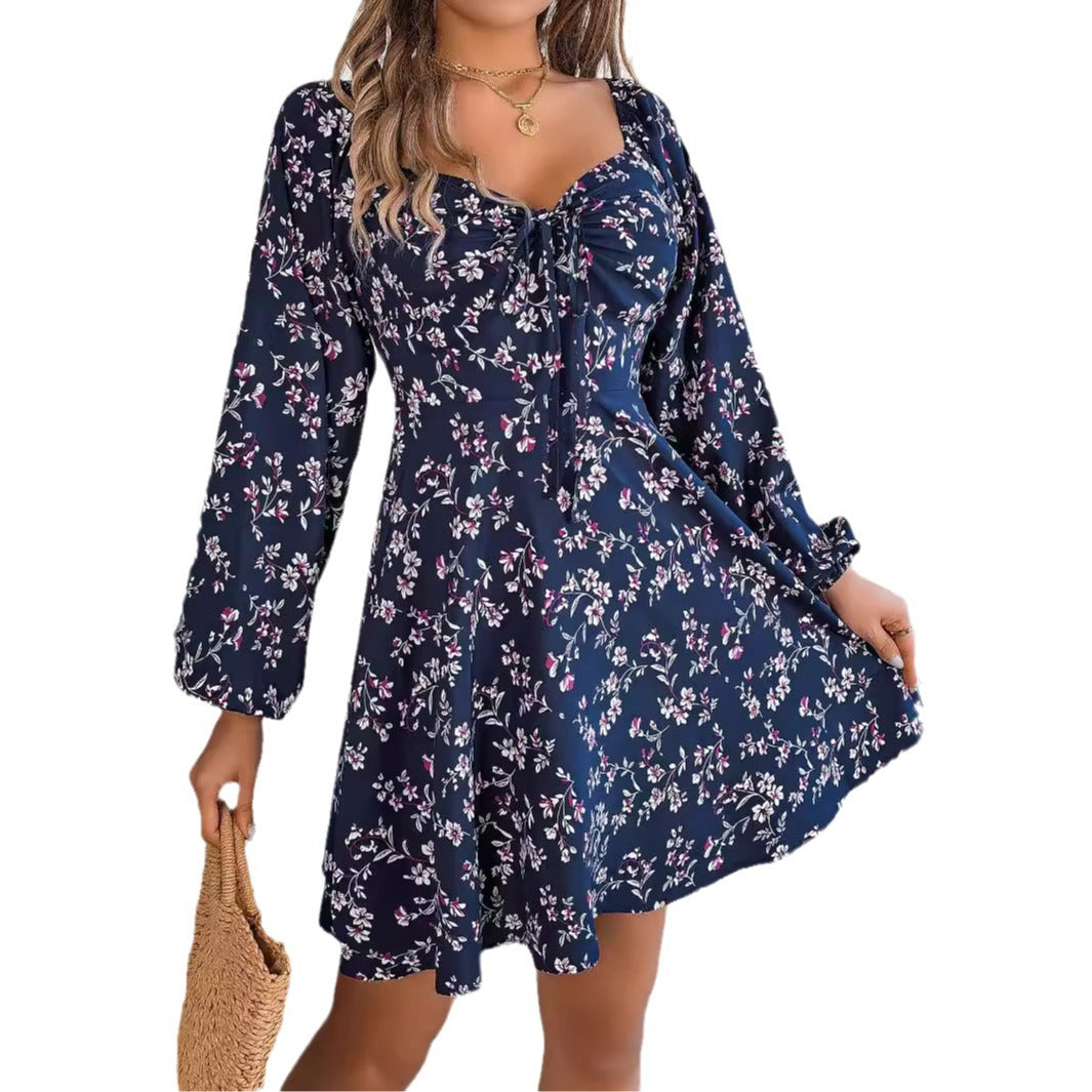 Real Shot of 2026 Spring/Summer European and American Casual Sexy Lace-Up Square-Neck Floral Long-Sleeve A-Line Dress, Independent Cross-Border Women's Fashion