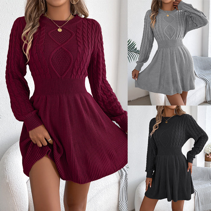 2025 Autumn and Winter European and American Solid Color Twist Waist Lantern Long Sleeve Sweater Skirt A-Line Skirt Amazon Cross-Border Women's Clothing