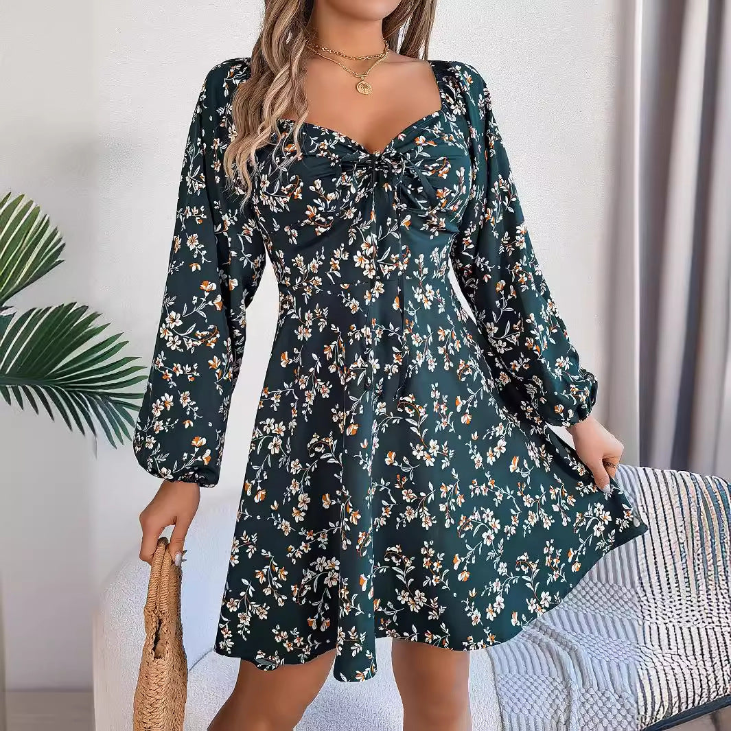 Real Shot of 2026 Spring/Summer European and American Casual Sexy Lace-Up Square-Neck Floral Long-Sleeve A-Line Dress, Independent Cross-Border Women's Fashion