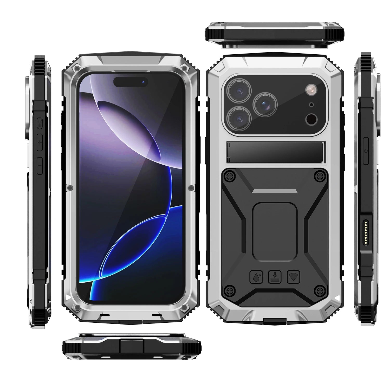360 Protective Sturdy Military Metal Case for iPhone 17 Pro / Air / 16 Pro Max Shockproof Tempered Glass Built-in Silicone Cover