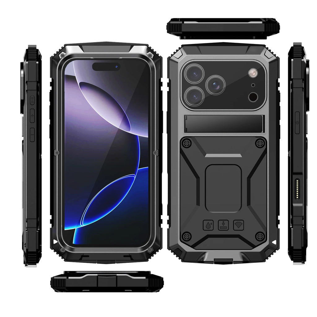 360 Protective Sturdy Military Metal Case for iPhone 17 Pro / Air / 16 Pro Max Shockproof Tempered Glass Built-in Silicone Cover