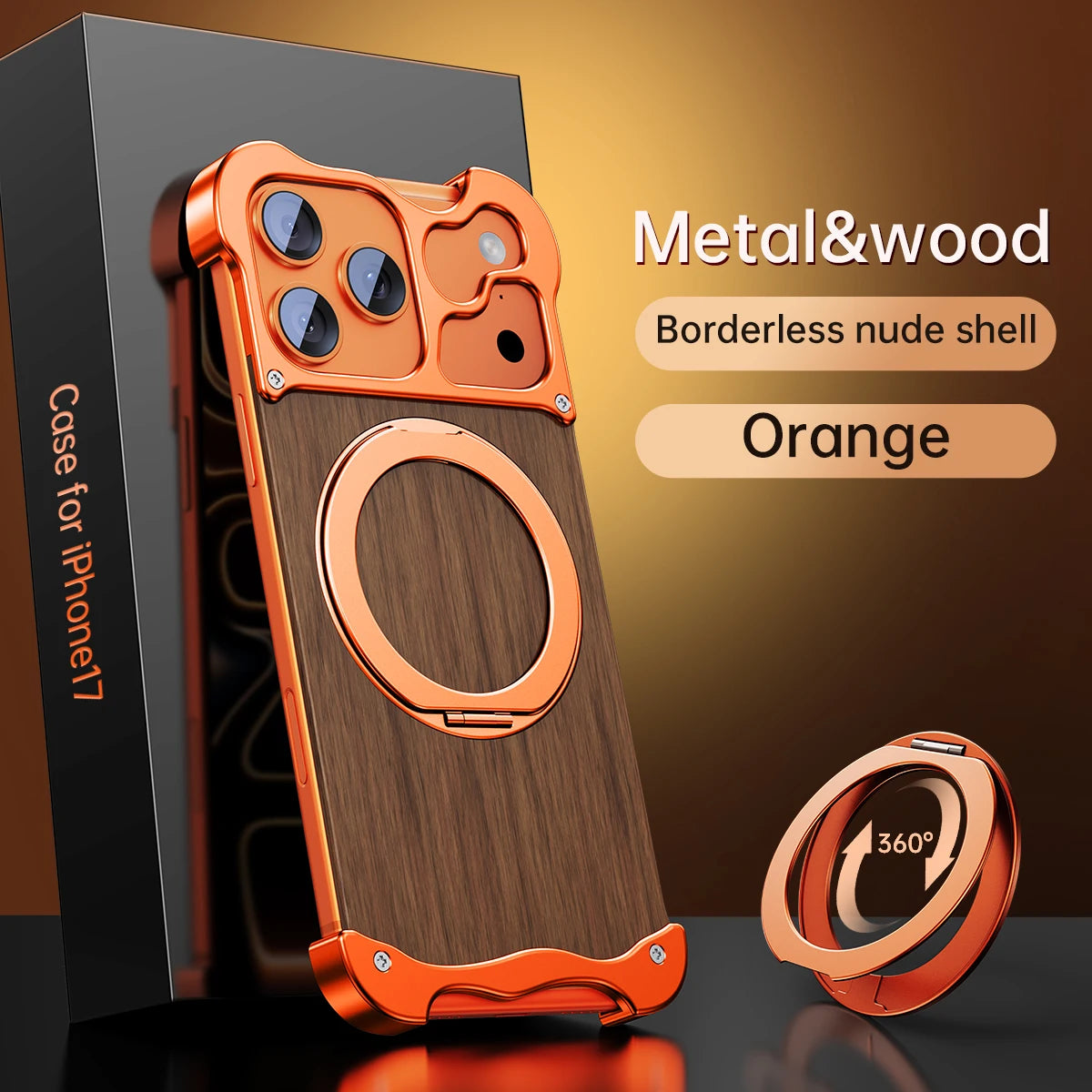 360 Rotating Stand Metal Phone Case For Iphone 15 16 17 Pro Max Air Solid Wood Magnetic Irregular Aluminum Frameless Phone Cover