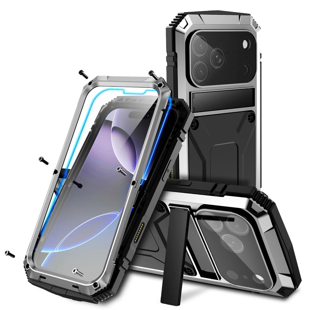 360 Protective Sturdy Military Metal Case for iPhone 17 Pro / Air / 16 Pro Max Shockproof Tempered Glass Built-in Silicone Cover