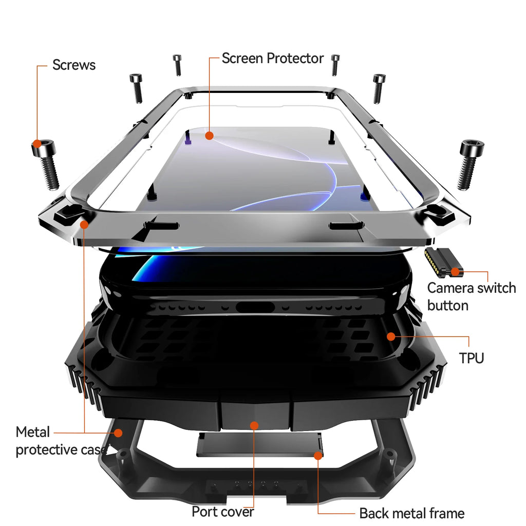 360 Protective Sturdy Military Metal Case for iPhone 17 Pro / Air / 16 Pro Max Shockproof Tempered Glass Built-in Silicone Cover