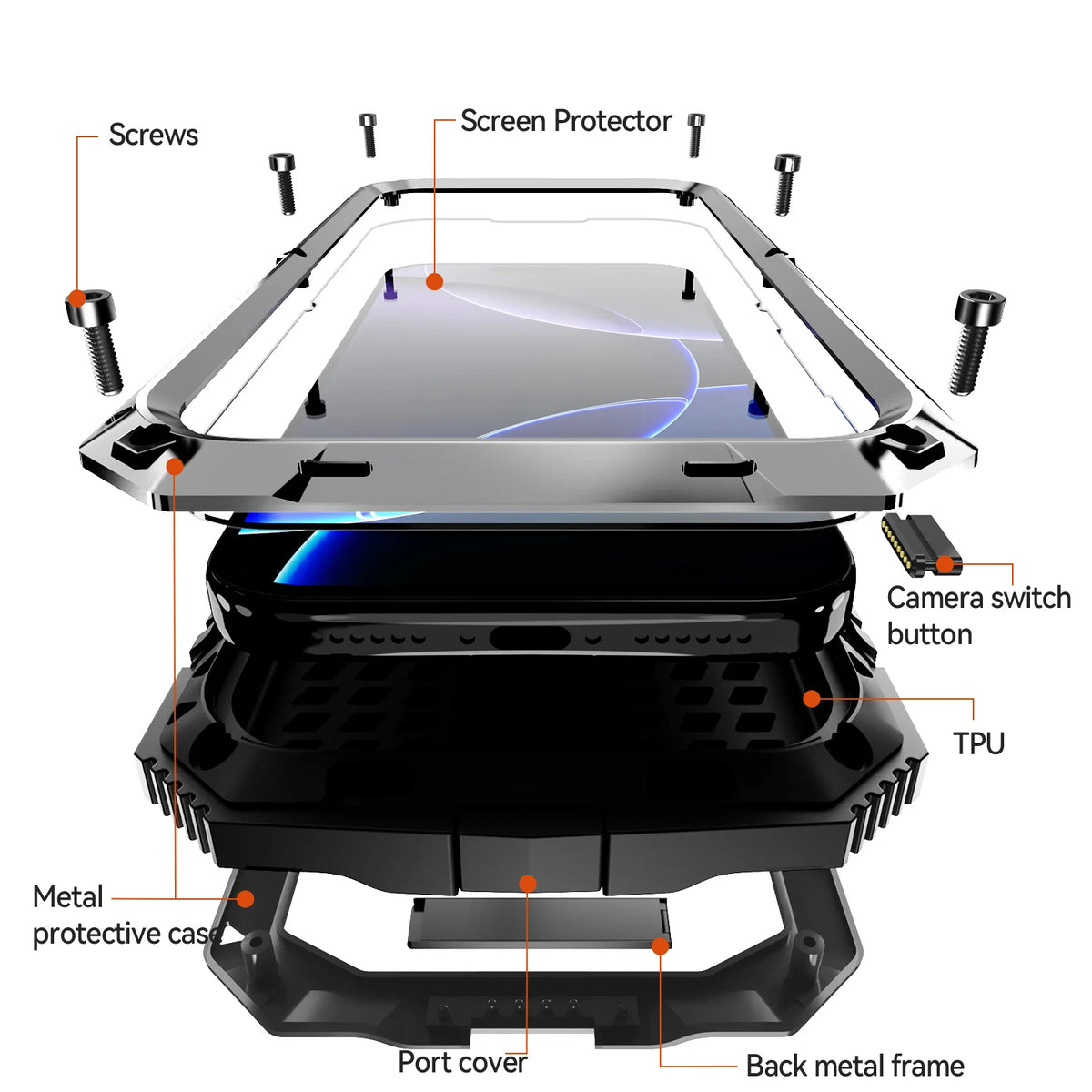 360 Protective Sturdy Military Metal Case for iPhone 17 Pro / Air / 16 Pro Max Shockproof Tempered Glass Built-in Silicone Cover