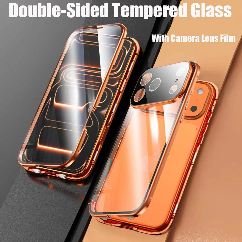360 Full Protection Metal Magnetic Phone Case For iPhone 17 Pro Max 17 Air 16 15 14 13 Double-Sided Glass Snap Lock Bumper Cover