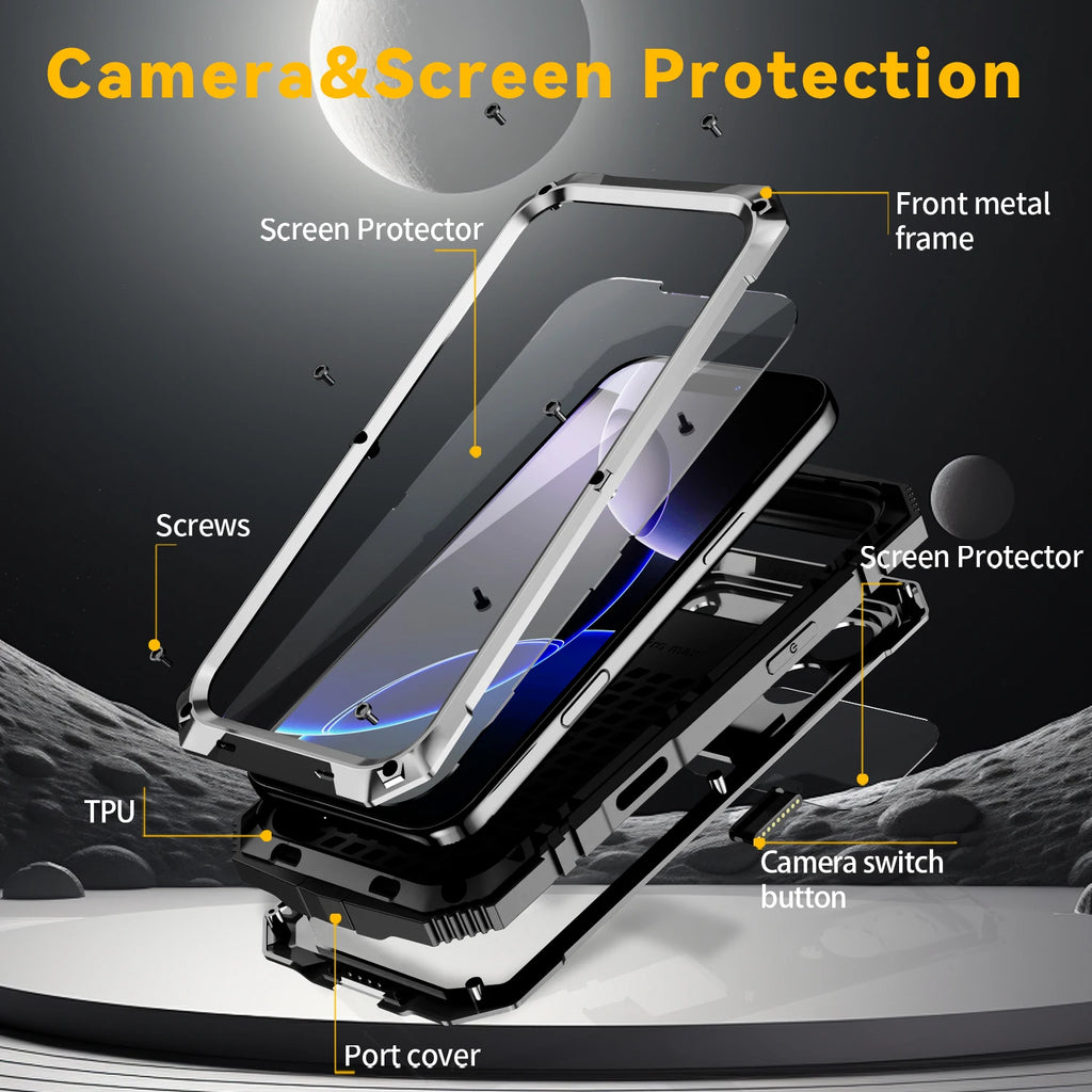 360 Protective Sturdy Military Metal Case for iPhone 17 Pro / Air / 16 Pro Max Shockproof Tempered Glass Built-in Silicone Cover