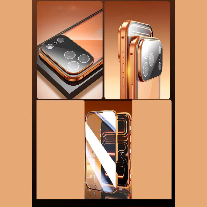 360 Full Protection Metal Magnetic Phone Case For iPhone 17 Pro Max 17 Air 16 15 14 13 Double-Sided Glass Snap Lock Bumper Cover