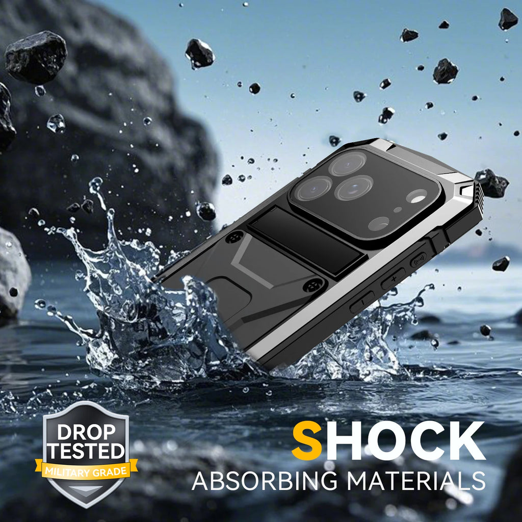 360 Protective Sturdy Military Metal Case for iPhone 17 Pro / Air / 16 Pro Max Shockproof Tempered Glass Built-in Silicone Cover